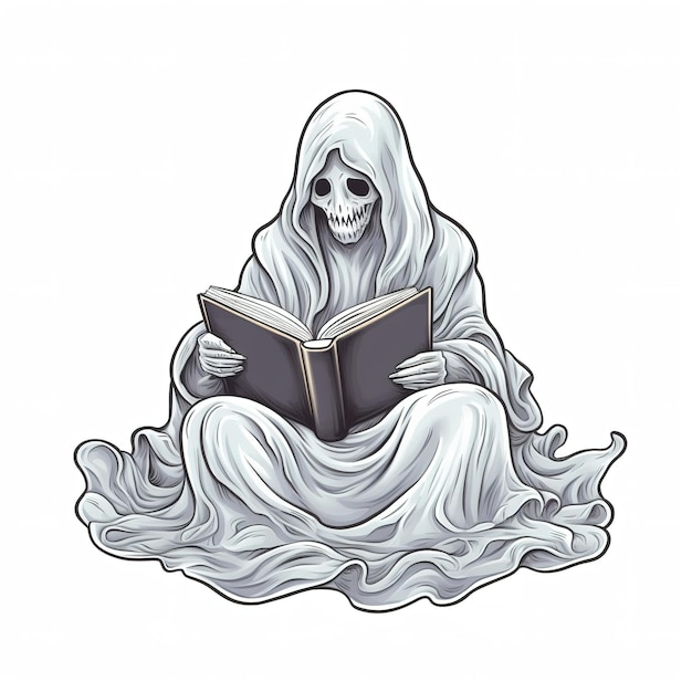 Cute ghost reading a book illustration