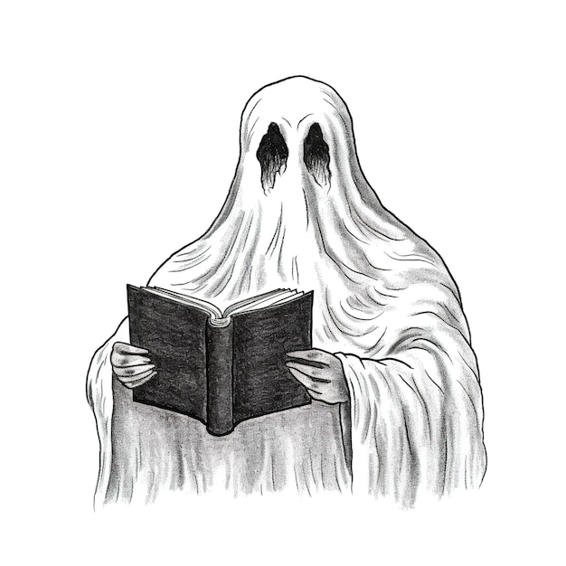 Foto fantasma carino che legge un'illustrazione di un libro