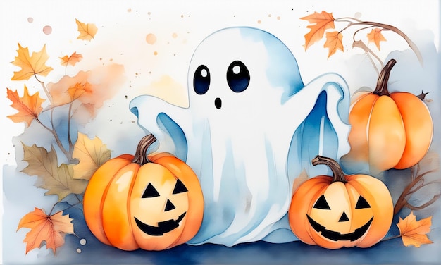 Cute ghost with Halloween pumpkins in watercolor style