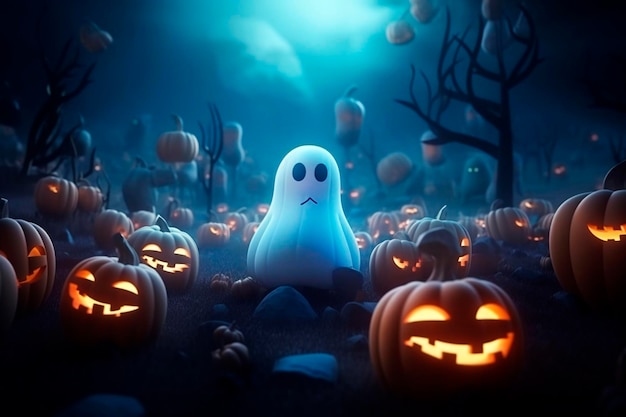 Cute ghost with pumpkins at spooky night Generative ai