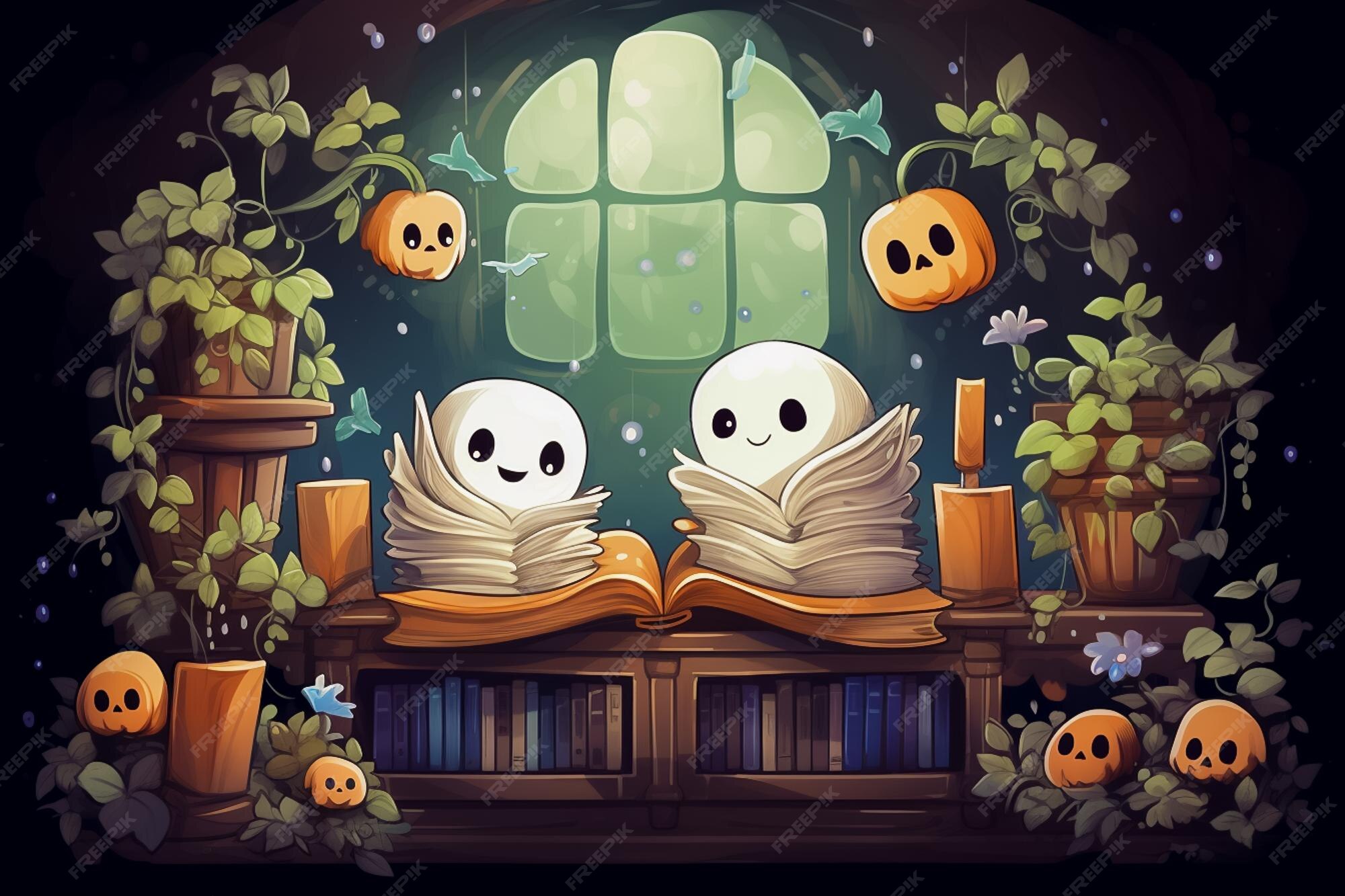 Premium AI Image Cute ghosts reading books in a library Halloween or