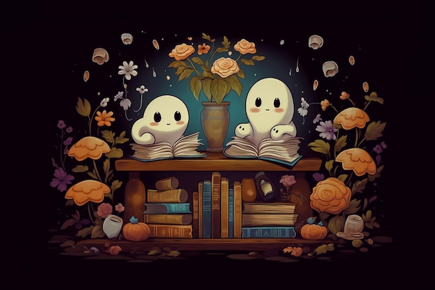 Cute ghosts reading books in a library Halloween or day of the dead concept Ai generated