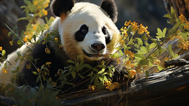 A cute Giant Panda bear resting in a bamboo forest