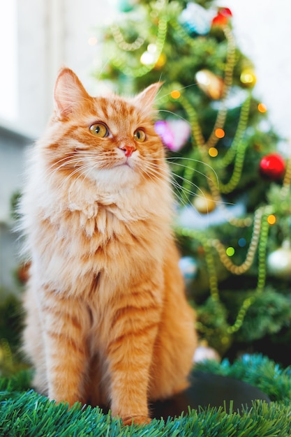 Cute ginger cat and Christmas tree