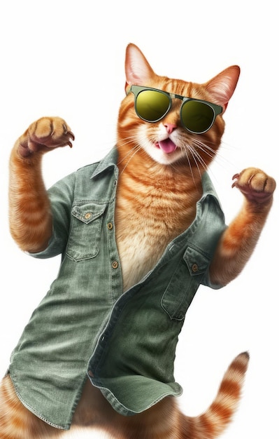 Cute ginger cat in a denim shirt and sunglasses standing on a white background