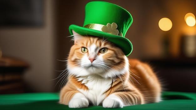 Cute ginger cat in green hat for Saint Patricks day