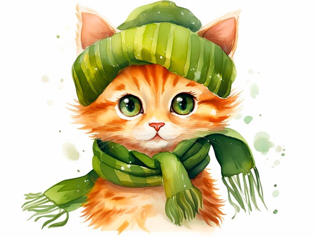 Cute ginger cat in a green hat and scarf vector illustration