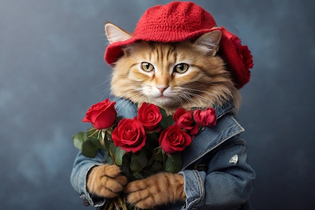 Фото Милая рыжая кошка в красной шляпе с букетом красных роз