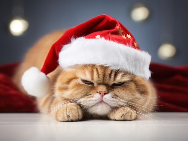 写真 サンタクロースの帽子をかぶったかわいい赤い猫が眠っている