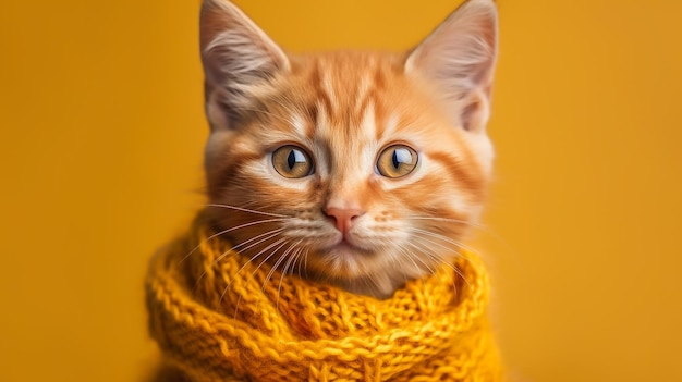 Cute ginger cat in a knitted scarf on a yellow background in the studio image generated by ai high