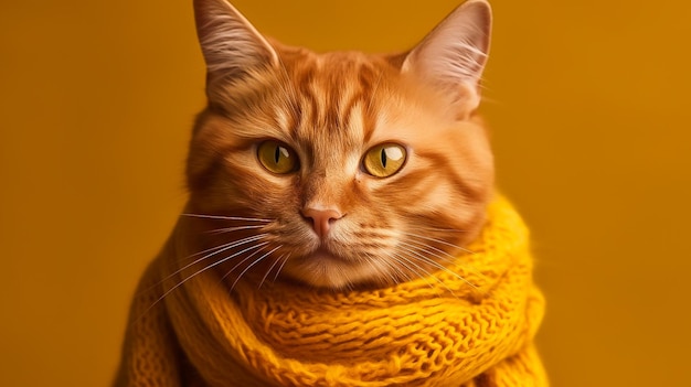 cute ginger cat in a knitted scarf on a yellow background in the studio Image generated by AI