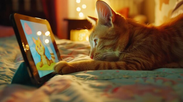 Cute ginger cat lying on bed and watching movie on tablet