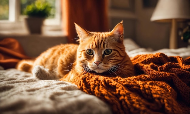 暖かい毛布でベッドに横たわっている可愛い赤い猫