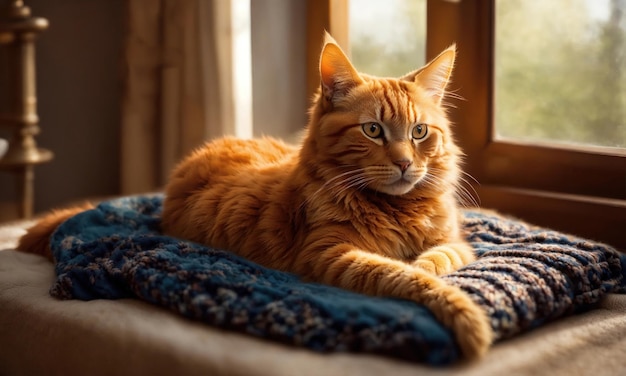 Cute ginger cat lying on the bed with a warm blanket ai generative