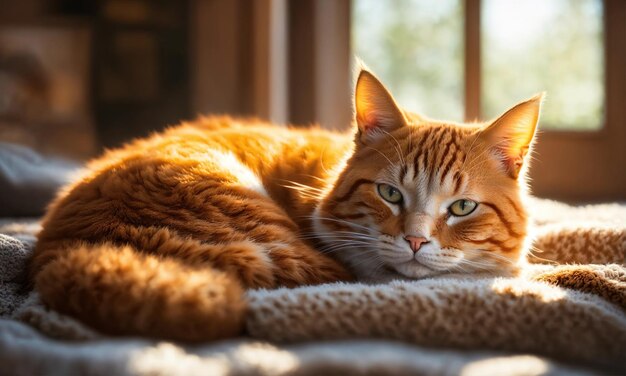 Cute ginger cat lying on the bed with a warm blanket ai generative