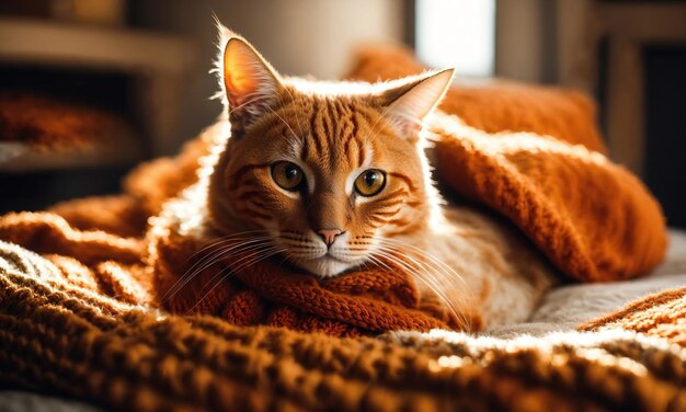Милая рыжая кошка лежит на постели с теплым одеялом.