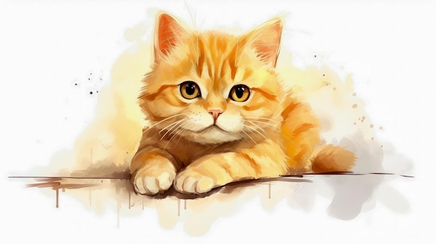 Cute ginger cat lying on the floor watercolor illustration