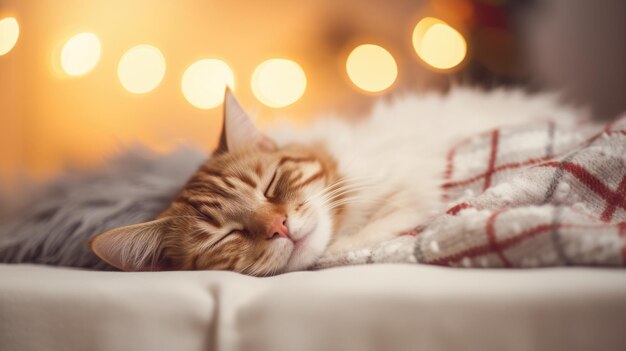 Cute ginger cat lying on sofa at home fluffy pet