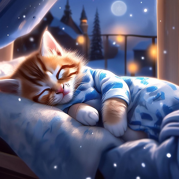 Cute ginger cat in pajamas sleeping in bed at night