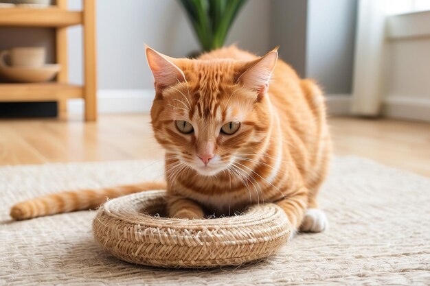 Cute ginger cat playing sisal toy at home