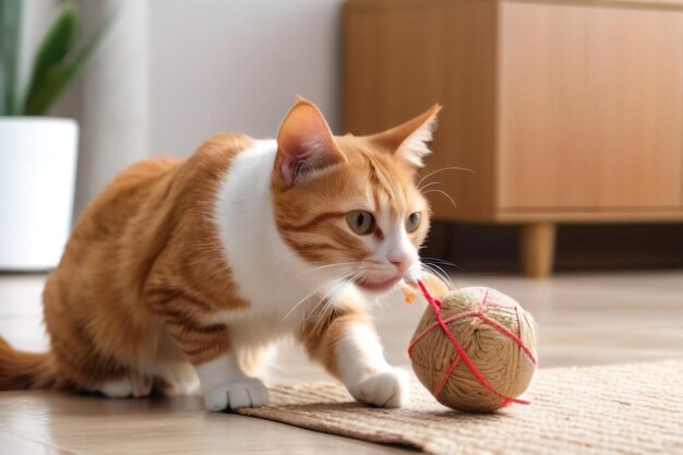 Photo cute ginger cat playing sisal toy at home