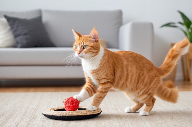 Photo cute ginger cat playing sisal toy at home