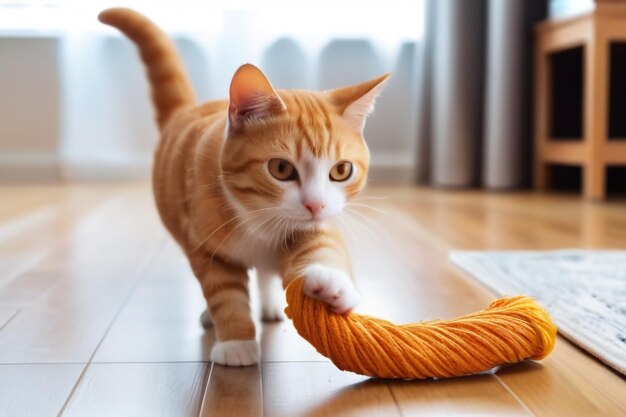 Photo cute ginger cat playing sisal toy at home