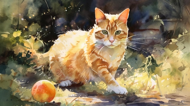 Cute ginger cat playing with a ball in the garden Watercolor painting