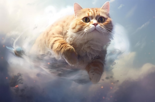 Cute ginger cat with yellow eyes lying on clouds and looking up AIgenerated