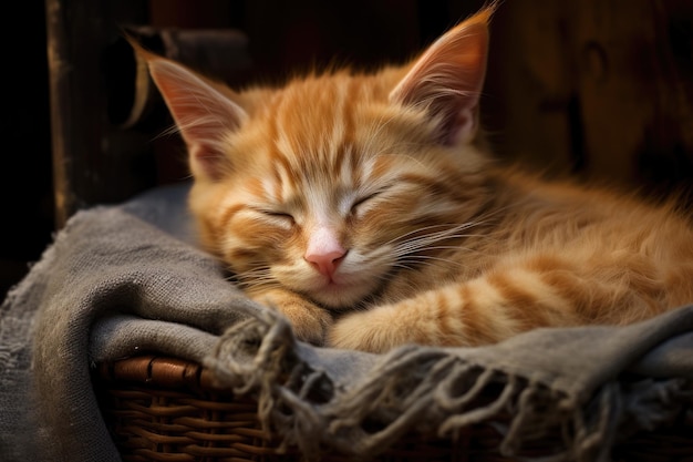 Cute ginger kitten sleeping in wicker basket on wooden background Gigner kitten sleeping AI Generated