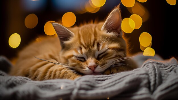 Photo cute ginger kitten sleeps sweetly on the bed the night before christmas