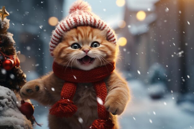 Cute ginger kitten in warm hat and scarf on street during snowfall