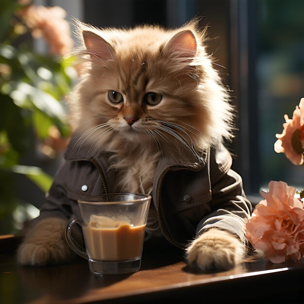 Cute ginger maine coon cat in a black jacket with a cup of coffee