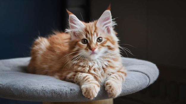 Cute ginger maine coon kitten is lying on special cats furniture