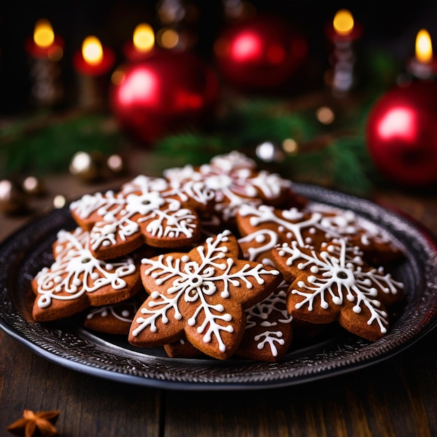 Cute Gingerbread cookies on a plate Christmas background
