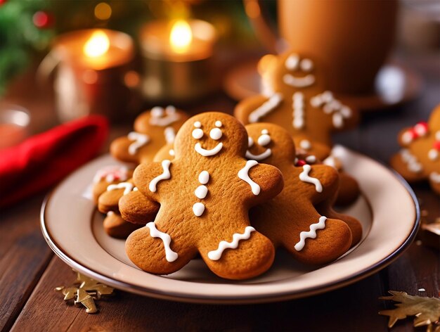 Cute Gingerbread cookies on a plate Christmas background