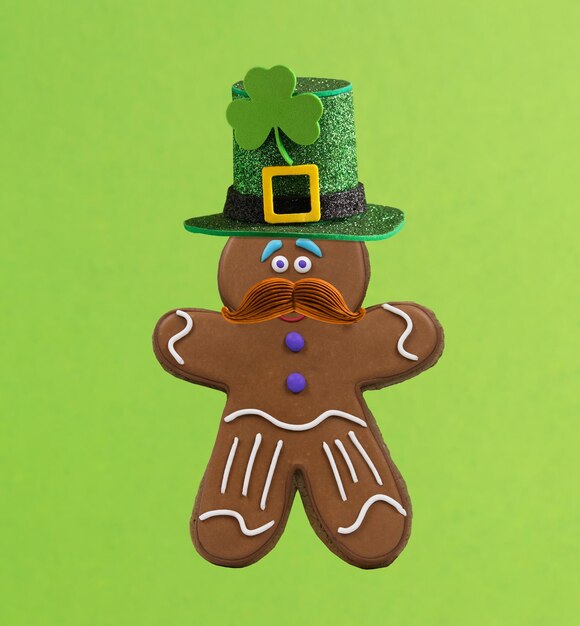 Photo cute gingerbread man with red mustache and green hat postcard for st patricks day