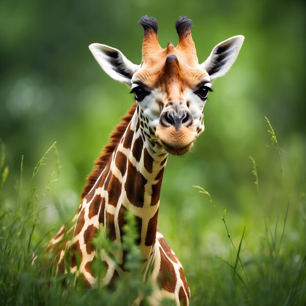 Cute Giraffe Amidst Green Grass in the Wild