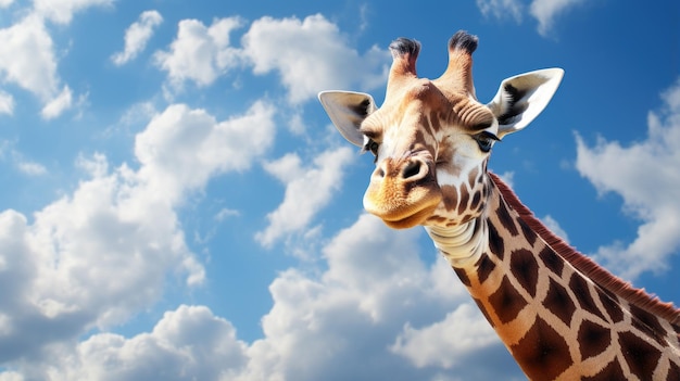 Cute giraffe head against backdrop of blue skies with white clouds Portrait of curious animal looking at the camera