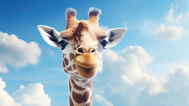 Cute giraffe head against backdrop of blue skies with white clouds portrait of curious animal looking at the camera