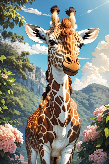 Cute giraffe illustration with nature background