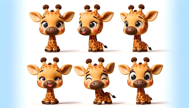 Photo cute giraffe is shown in four angles with distinct expressions happy curious surprised and conte