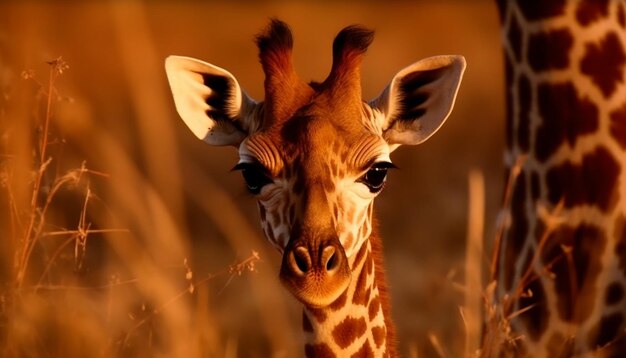 A cute giraffe standing in the savannah looking at camera generated by ai