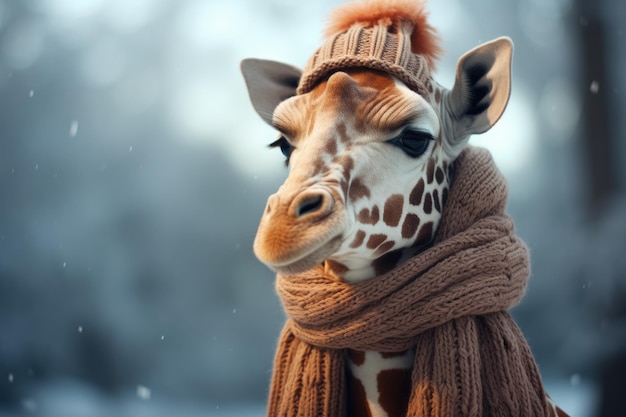 Cute giraffe wearing scarf and knitted hat Portrait of funny animal on outdoor winter background close up with copyspace