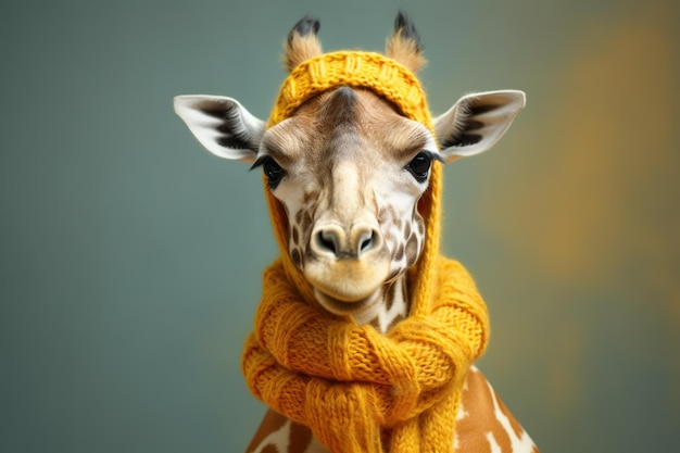 Cute giraffe in a yellow scarf a portrait illustration generated by AI