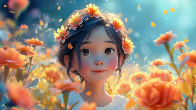 Cute girl among flowers illustration of a flowers field in colorful cartoon style