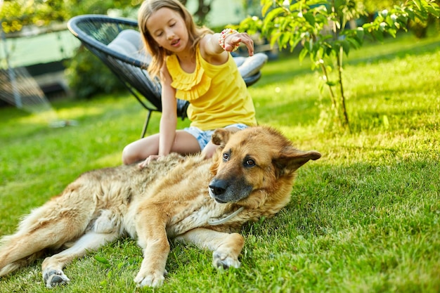 写真 かわいい女の子と老犬は公園の芝生の上で夏の日を楽しんでいます