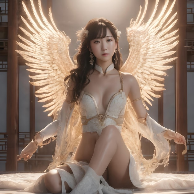 Photo cute girl asian angel background very cool