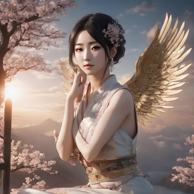 Photo cute girl asian angel background very cool