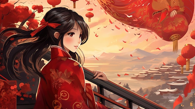 Cute girl in Asian New Year scene by Ai generated